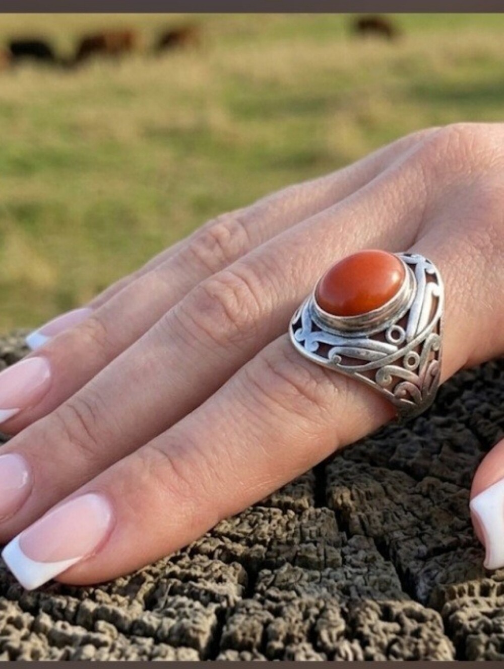 925 Vintage Sterling Silver Jasper Carnelian Statement Ring Sz 7.5